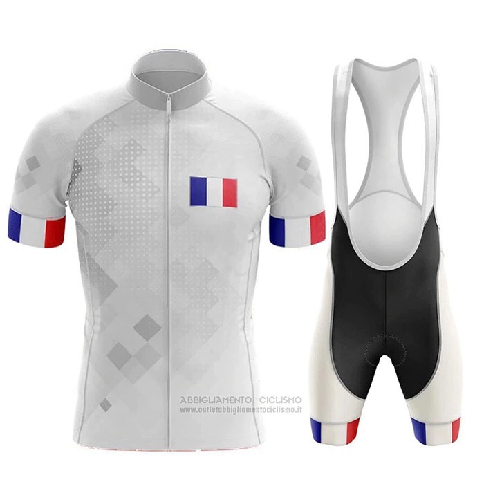 2020 Abbigliamento Ciclismo Campione Francia Bianco Manica Corta e Salopette